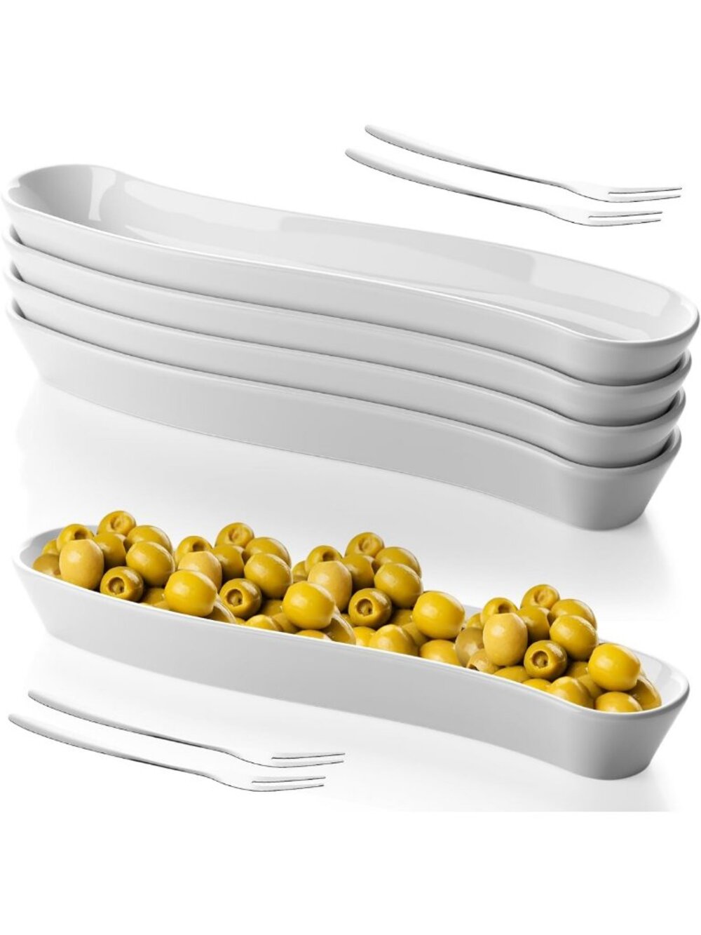 Set of 4 Olive Boat Trays with Forks - 12” Arc Shape Ceramic Dishes for